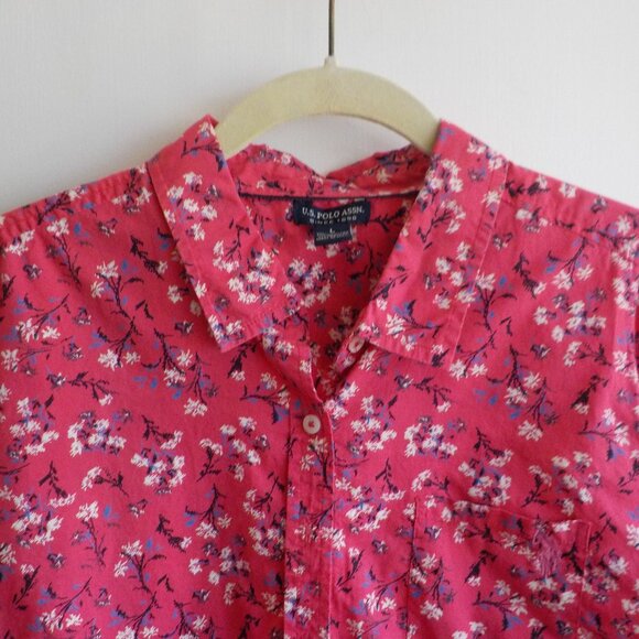 US Polo Blouse - Pink Floral - 100% Cotton - Vintage - Large (536) - Picture 4 of 6